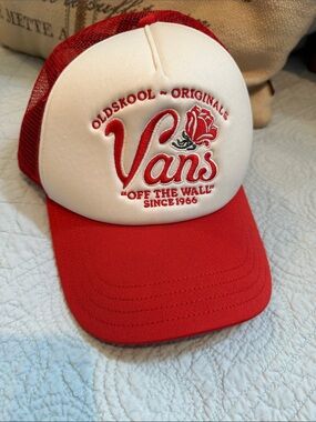 Vans Red and White Trucker Hat with Rose Logo